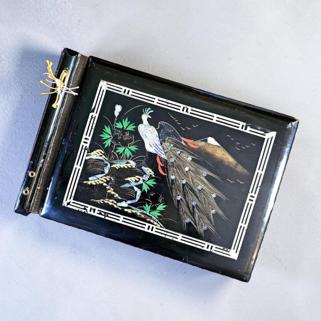 Antique Black Lacquer Photo Album Peacock Inlay Scrapbook Large ...