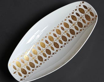 Vintage Alka Kunst Bavaria Suomi Porcelain Boat Dish | Mid Century Gold Leaf Serving Bowl