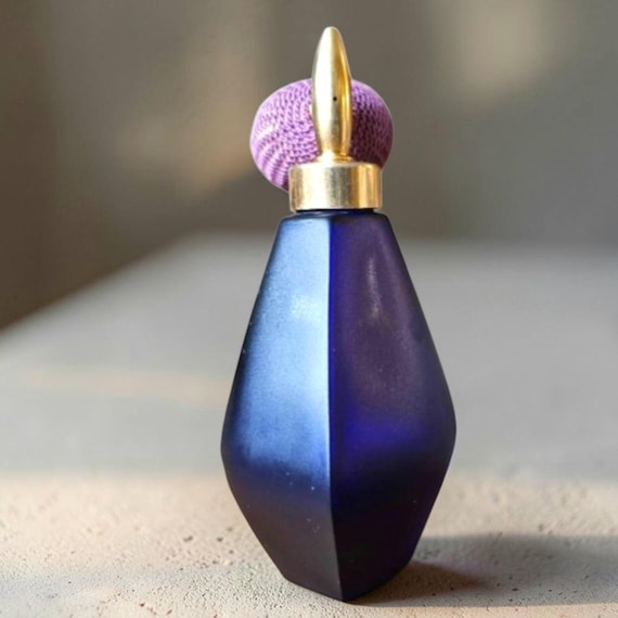 Vintage Blue Glass Perfume Atomizer, Frosted Bottle with Bulb Spray, Vanity Decor