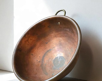 Vintage French Copper Cul de Poule Bowl Brass Ring Mixing Bowl Kitchen Decor