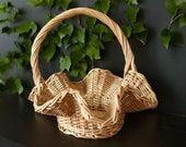 Large Vintage Wicker Gathering Basket with Wavey Ruffled Rim Hand Made Woven Grapevine