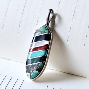 Zuni Multi Stone Flat Inlay Pendant Sterling Silver Turquoise Onyx MOP Coral Malachite