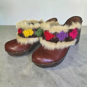 Vintage Ash Leather Wood Clogs Floral Platform Mules EU 39 Boho