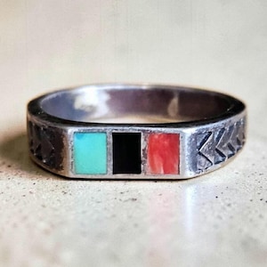 Vintage Navajo signierte Sterling Silber Inlay Ring Türkis Onyx Spiny Oyster 8.75