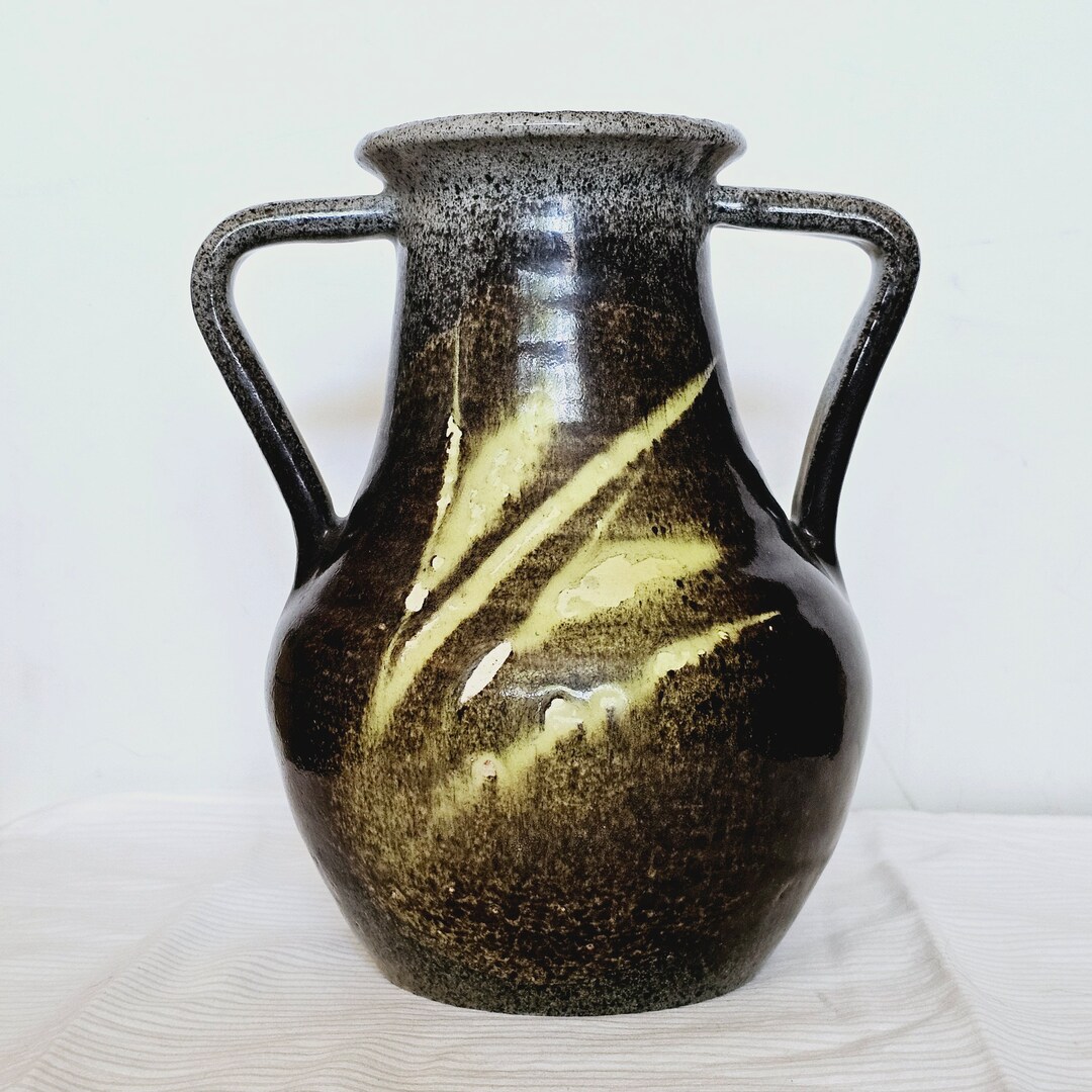 Vintage Signed Studio Pottery Vase Vessel Dual Handles Horizontal Coil ...