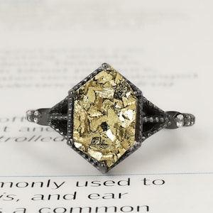 Raw Hexagon Pyrite Ring: Sterling Silver Statement Engagement Ring