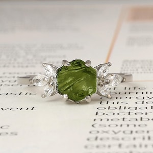 Roher Hexagon Moldavit Ring: 925 Sterling Silber Meteorit Schmuck
