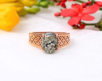 Naturlig pyritring: 925 sterlingsilver, art déco-förlovningsring, smycken med råa kristaller