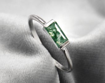 Baguette Moss Agate Ring: Dainty 925 Sterling Silver Stackable Ring