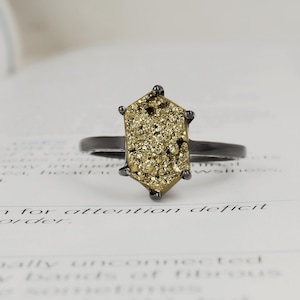 Hexagon Pyrite Ring: Raw Crystal Statement Ring, 925 Sterling Silver
