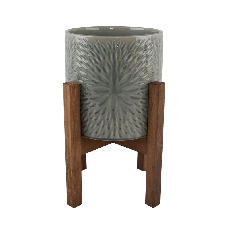 Sunburst Ceramic Planter On Wood Stand