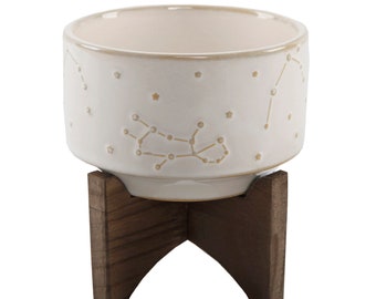 4" Constellation Ceramic Pot on Wood Stand,Ivory or Blue