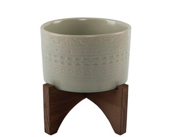 5" Mayan Ceramic Planter on Wood Stand,Matte Sage