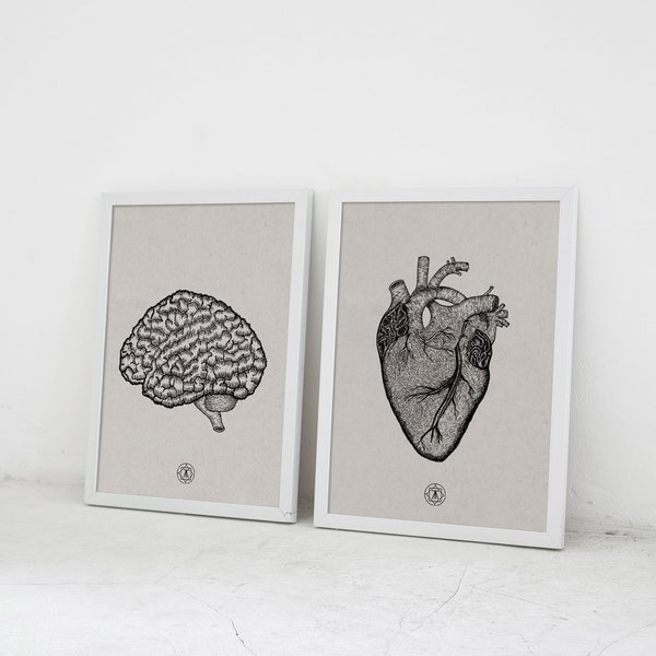 Coeur et cerveau Custom Design Duo/Noir et Blanc Wall Art/Cœur et cerveau Impressions de haute qualité Duo/Cœur et cerveau Original Duo Décoration