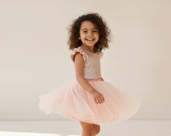 Rose Gold Flower Girl Dress, Sequin Toddler Birthday Outfit, Sparkly Tulle Princess Dress for Girls, Blush Pink Cake Smash Dress,Party Dress