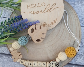 Personalized Wooden Baby Dummy Clip, Handmade Pacifier Clip
