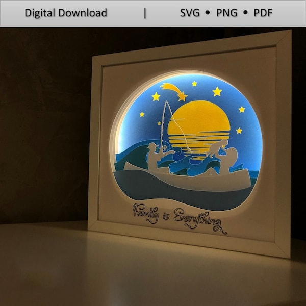 Fishing family/Family on boat, 3D Paper Cut Light Box Template Files,Shadow Box,3D Papercut LightBox Svg File DIY, Cricut Svg,Silhouette Svg