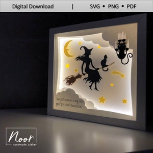 May include: A framed, illuminated art piece featuring a witch on a broom with a cat, moon, and stars. The black silhouettes are set against a glowing background. Text reads "I am just a pawn in my cats quest for world domination!" and "Digital Download".