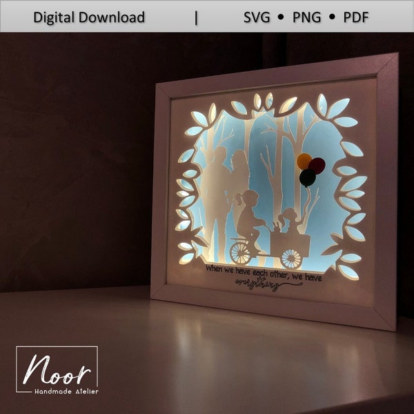 Beautiful family with two girls 3D Paper Cut Light Box Template Files, Shadow Box SVG, 3D Papercut LightBox File, Cricut Svg, Silhouette Svg