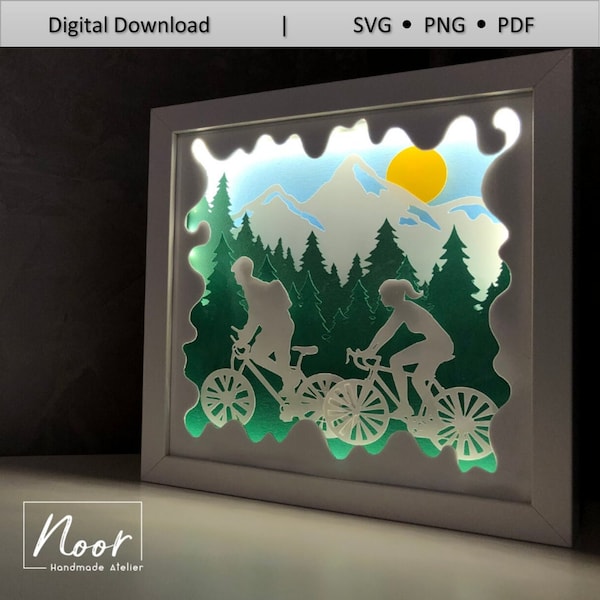 Mountain bikers, Couple on bicycle, 3D Paper Cut Light Box Template Files,Shadow Box SVG,3D Papercut LightBox Svg File DIY,Cricut,Silhouette