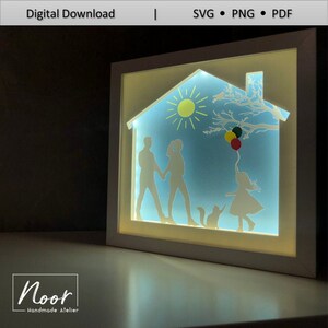 Family with girl and cat 3D Paper Cut Light Box Template Files, Shadow Box SVG, 3D Papercut LightBox Svg File, Cricut Svg, Silhouette Svg