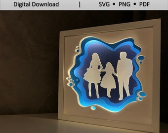 Mall för familjepappersklippt ljuslåda: 3D-skugglåda SVG (digital nedladdning)
