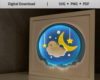 Mall för ljuslåda med pappersklipp för babypojke i 3D: Shadow Box SVG (digital nedladdning)
