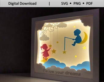 Brothers on Stars 3D Papierschnitt Light Box Vorlage (SVG, PNG, PDF)