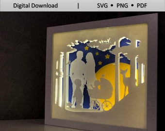 Mall för familjepappersklippt ljuslåda: 3D-skugglåda SVG (digital nedladdning)