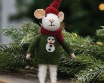 Felted Animals, Felt Mouse, Felt Mouse Ornament, Felted Mouse, Christmas Snowman Sweater Mouse, Hanging Ornaments, Wool Animals