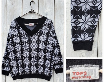 70s Snowflake Sweater in Black and White.  Medium/Large