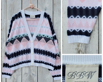 Graphic 80s All Sorts Cardigan.  Large