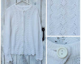 Vintage Shabby Chic Cream Cardigan with Pointelle Lace Waves.    Medium