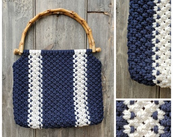 70s Navy and White Macrame Bag