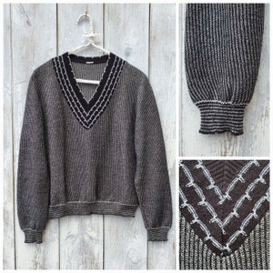 1970s Sparkly Metallic Sweater in Black and Silver Stripes.  Medium