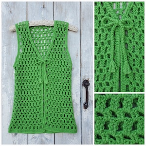 70s Crocheted Hippie Vest in Green Grass.  Small