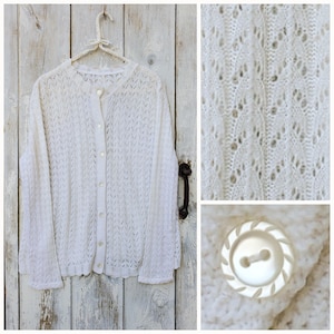 Vintage Shabby Chic Creme Strickjacke im Zick Zack Pointelle.  Mittel / groß