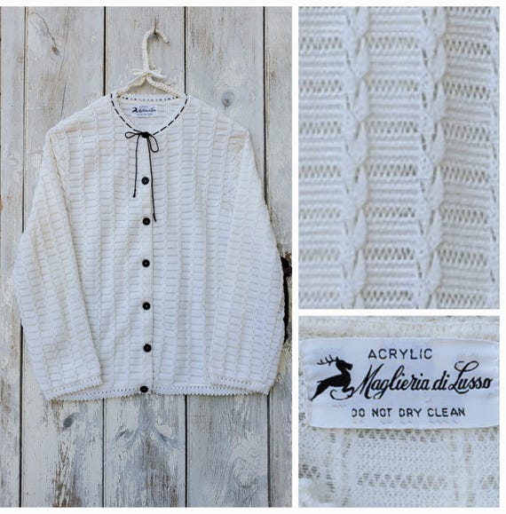Vintage Shabby Chic Cream Cardigan with Black Ribbon. Small