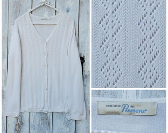 Vintage Shabby Chic Cream Cardigan with Pointelle Diamonds.  Large