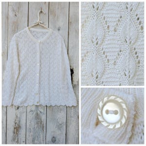 Vintage Shabby Chic Cream Cardigan with Lace Leaves.  Medium