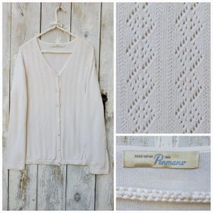 Vintage Shabby Chic Cream Cardigan with Pointelle Diamonds.  Large