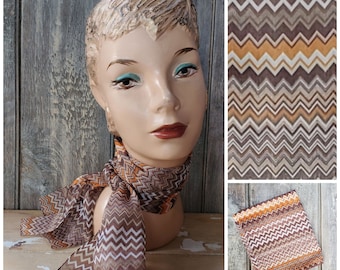 Vintage 70s Sheer Chiffon Zigzag Scarf in Pumpkin Spice