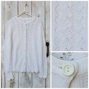 Vintage Shabby Chic Cream Cardigan with Pointelle Lace Waves.    Medium