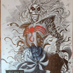 May include: Black and white illustration of a character with long white hair, red eyes, and sharp teeth. The character is wearing a black and gray suit with a red spider symbol on the chest. The background is a white and gray abstract design. "Knul Original Art" is written in the bottom left corner.