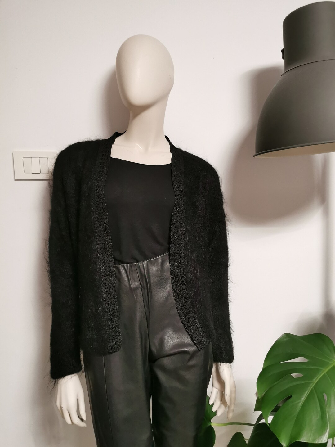 Vintage 1980s Black Mohair Hand Knit Cardigan