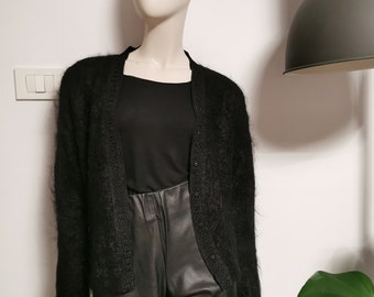 Schwarze Mohair Strickjacke, 1990er Jahre, schlicht und elegant, passt S/M/L