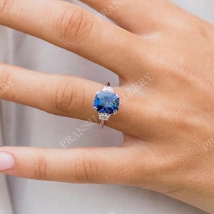 Cushion Cut Blue Lab Sapphire Engagement Ring, Side Half Moon Diamond three Stone  Wedding Ring, 14 KT Solid Gold, Promise Ring,Gift for Her