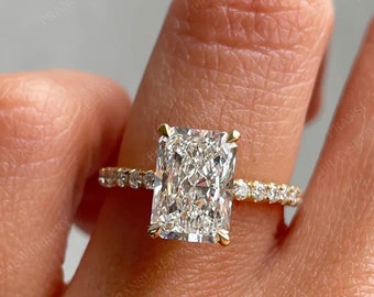 Radiant Ice Crush Moissanite Diamond Engagement Ring 3CT Radiant Solitaire Halo And Pave Wedding Ring 14K Solid Gold Ring Promise Ring