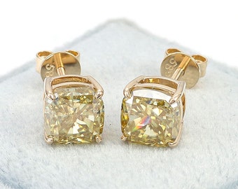 2TCW Cushion Moissanite Diamond Engagement Earrings Canary Yellow Moissanite Cushion 14k White Gold Stud Earrings Wedding Earring For Women
