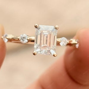 Emerald Cut Moissanite Engagement Ring, Side Round Spaced Diamond Wedding Ring, 14k Solid Gold Ring, Anniversary Ring promise Ring